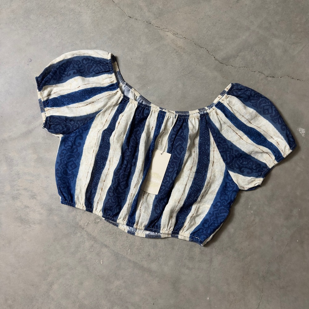 NWT Bella Umbra Linen Blend Crop Top Womens Medium Blue White Boho Coastal Italy